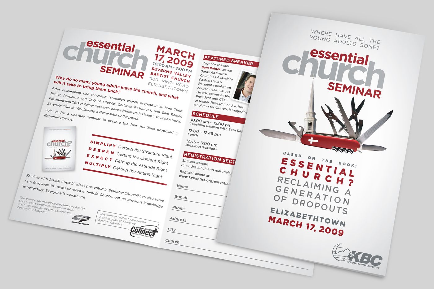 Essential Church Seminar brochure mailer, open and folded